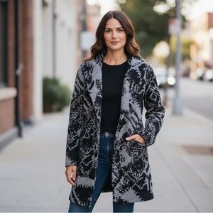 ecru Black & Gray Patterned Trench Sweater Coat
